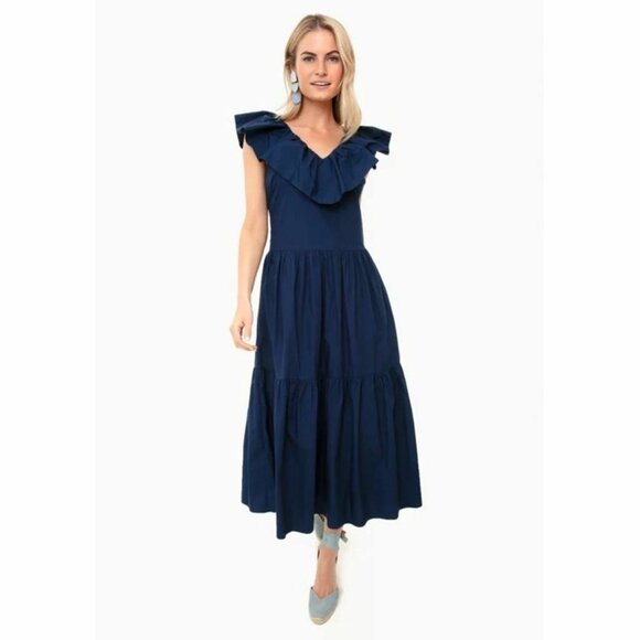 Pomander Place Tuckernuck Navy Blue Ruffle Jo Dress Midi/Maxi Tiered V-Neck XS - Picture 1 of 7